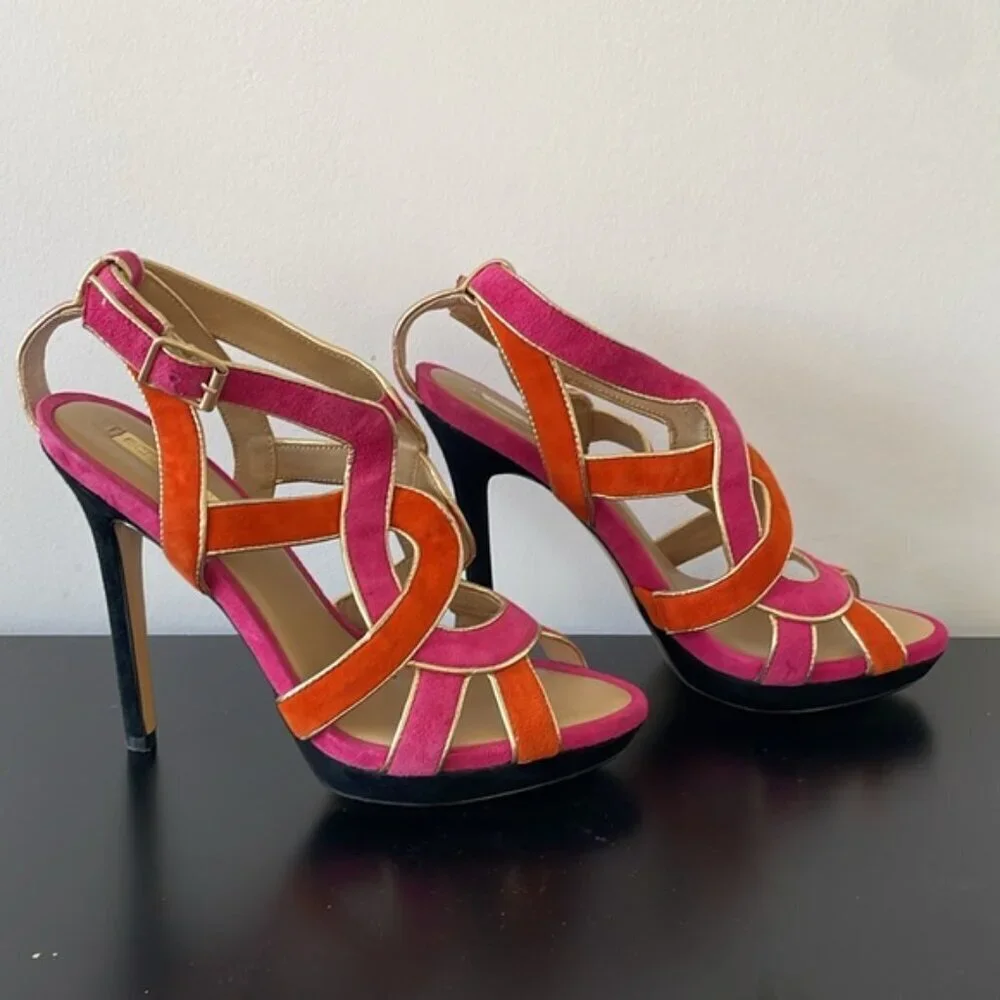 BCBG MaxAzria Kaycee Strappy open toe Suede Platform Sandals 8.5 pink/orange - Picture 1 of 9